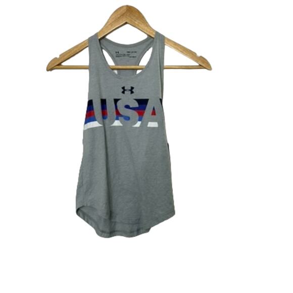 Under Armour Heat Gear Loose Fit Gray RacerBack USA Tank Top Girl's Small NEW - Picture 1 of 6